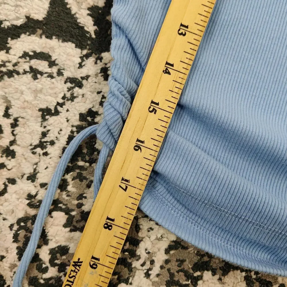 Zara Blue Ribbed Ruched Side Drawstring Top Short Sleeve Size Medium - Picture 7 of 7